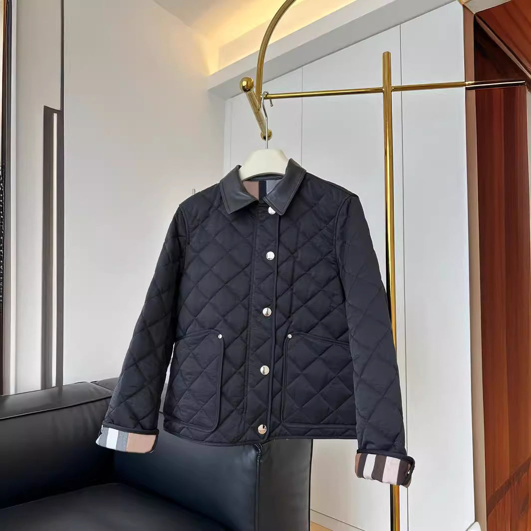 Ladies fashionable quilted jacket with elegant leather collar Mune Fashion