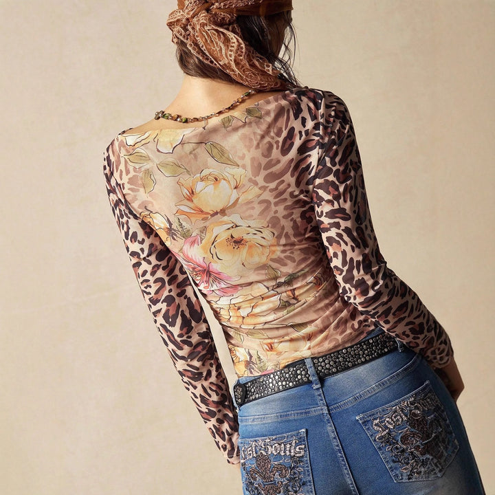 Ladies' figure-hugging tulle long sleeve with animal and floral print, off-the-shoulder neckline and side gathering Mune Fashion