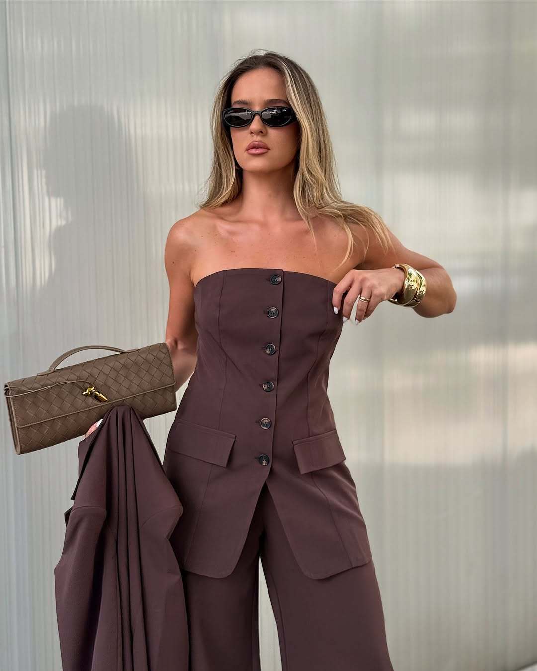 Women's Two-Piece Tailoring Set with Strapless Corset Top and Wide Palazzo Pants Mune Fashion