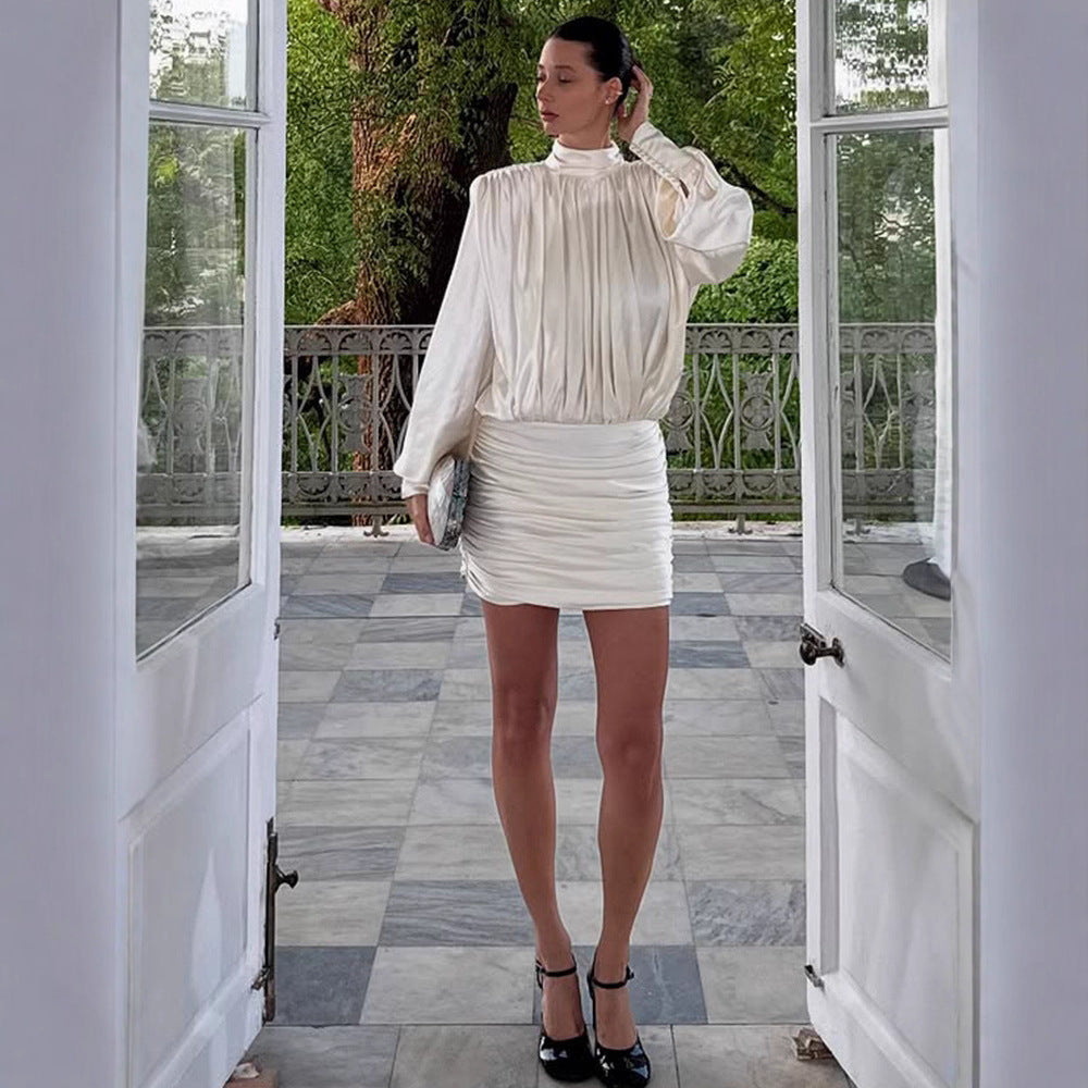 Ladies Elegant Draped Mini Dress with Stand Collar, Balloon Sleeves and Ruched Skirt Mune Fashion
