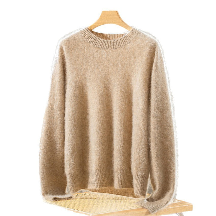 Women's Fluffy Angora Blend Round Neck Sweater Mune Fashion