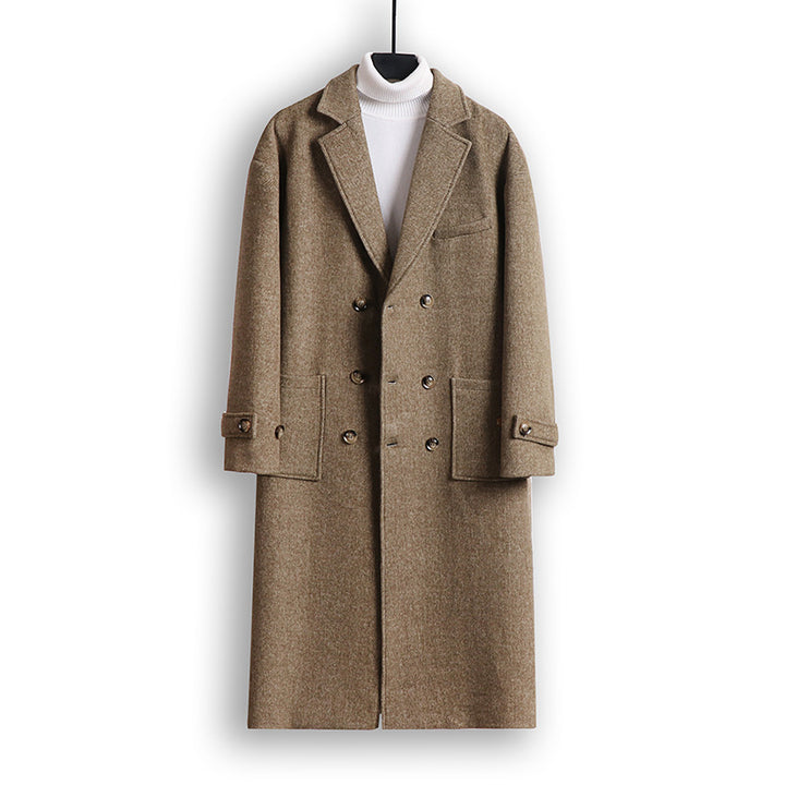 Men's Double-Breasted Wool Blend Long Coat with Notched Lapels and Flap Pockets Mune Fashion