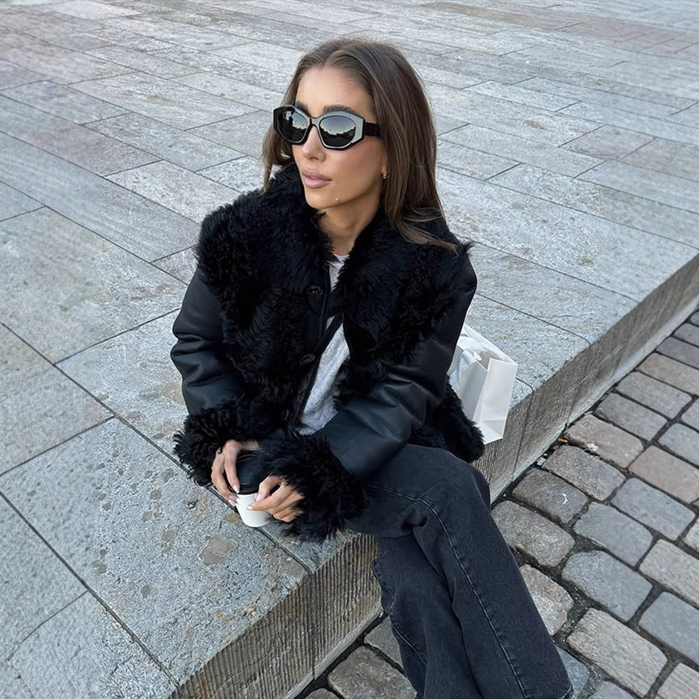 Women's Oversized Faux Leather Aviator Style Coat with Voluminous Faux Fur Collar and Teddy Cuffs Mune Fashion