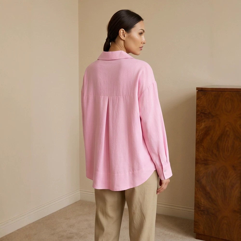 Women's loose-fitting tunic blouse with V-neck, shirt collar, and extended back hem Mune Fashion
