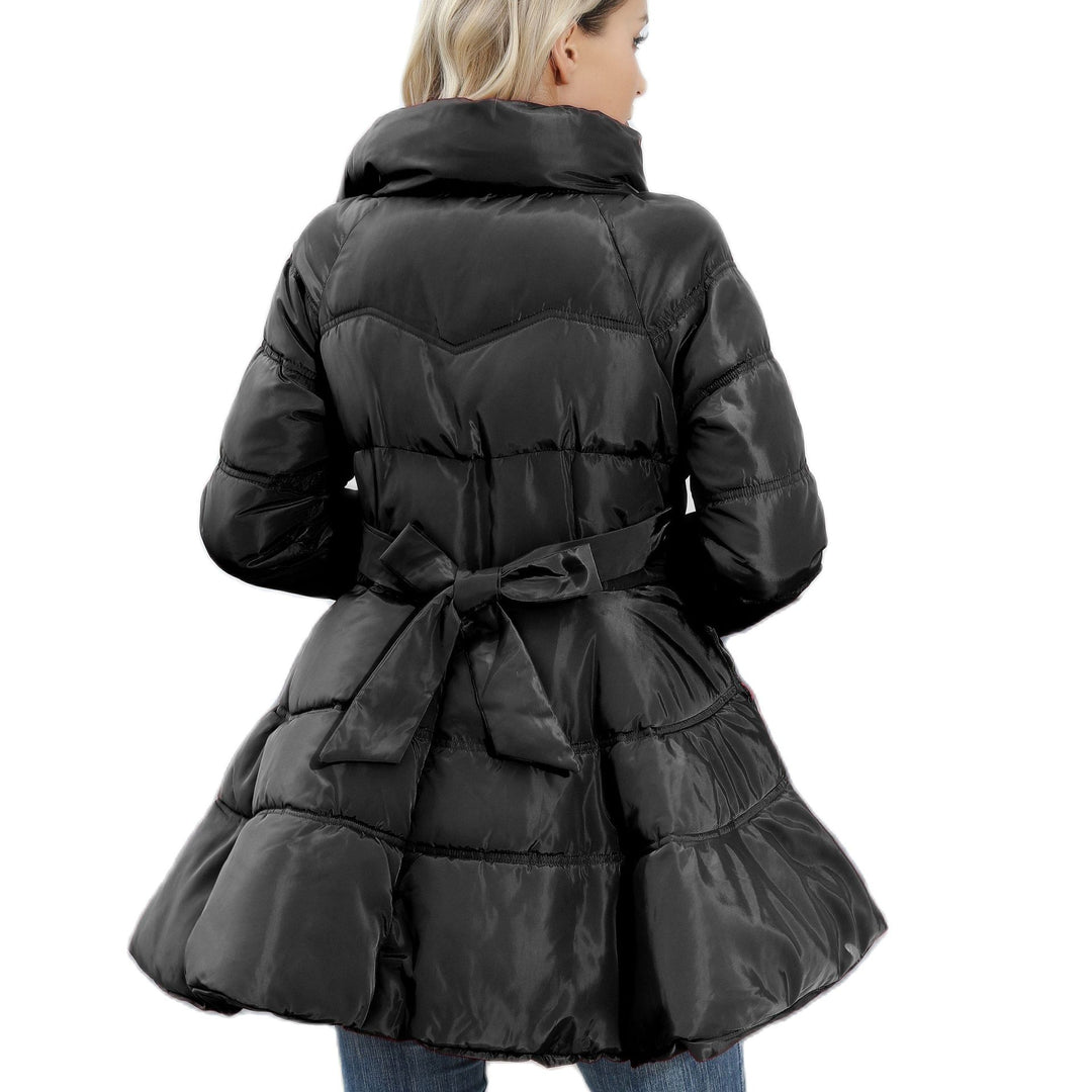 Ladies Padded Quilted Coat with Flared Peplum and Stand-Up Collar Mune Fashion