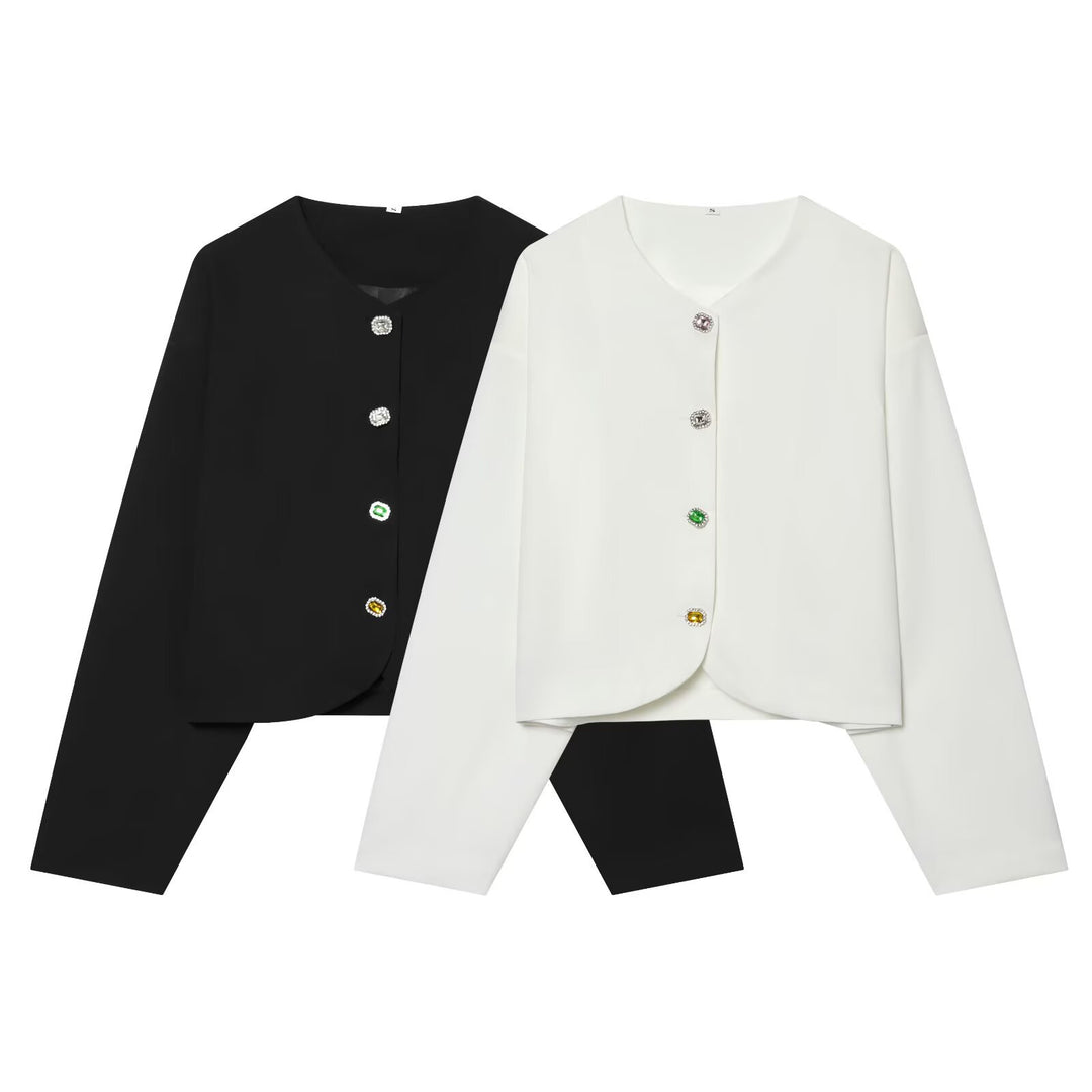 Women's short blazer without collar with decorative buttons and short cropped cut Mune Fashion