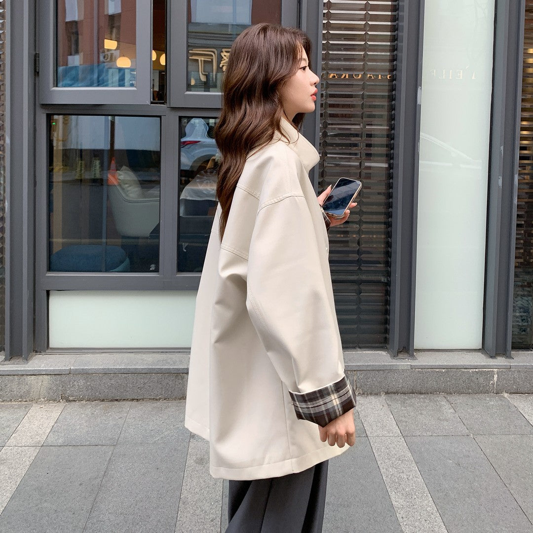 Women Oversized Short Coat with Stand-Up Collar and Checked Sleeve Lining Mune Fashion