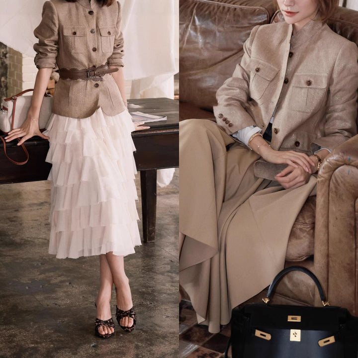 Women's Elegant Linen Jacket with Waist Belt Drune