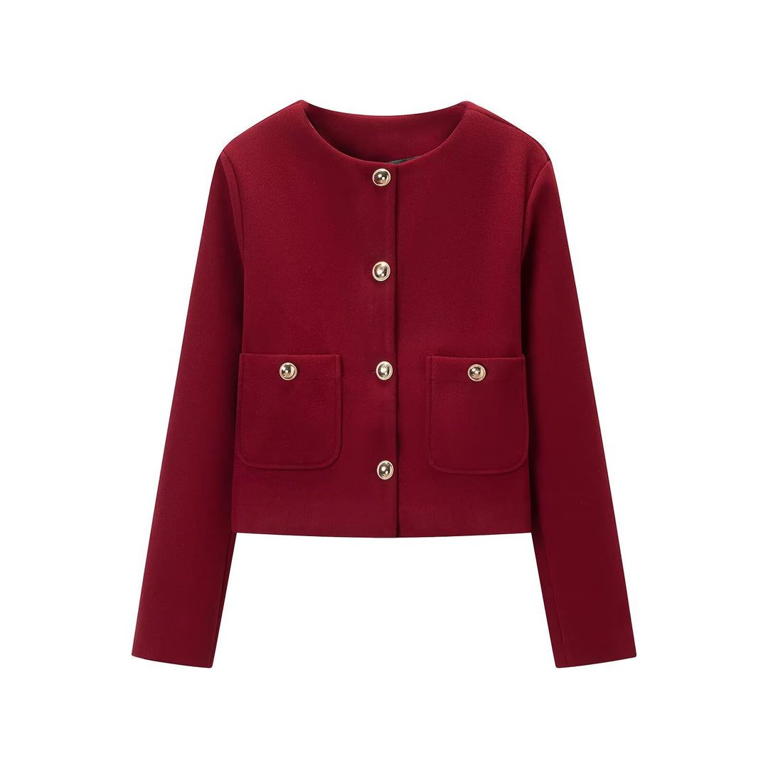 Women's cropped wool blend jacket with round neck, patch pockets and gold decorative buttons Mune Fashion