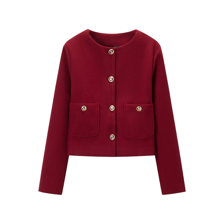 Women's cropped wool blend jacket with round neck, patch pockets and gold decorative buttons Mune Fashion