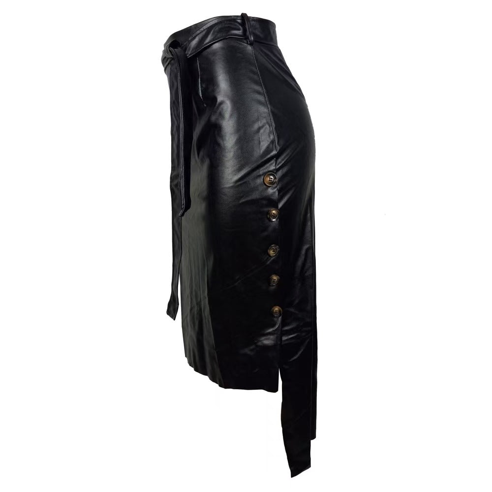 Women's Tailored Pencil Skirt in Faux Leather with Tie Belt Mune Fashion