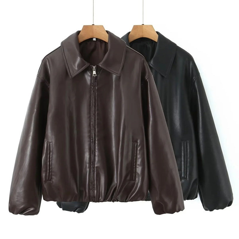 Women's Oversize Faux Leather Bomber with Shirt Collar, Concealed Zipper and Balloon Sleeves Mune Fashion