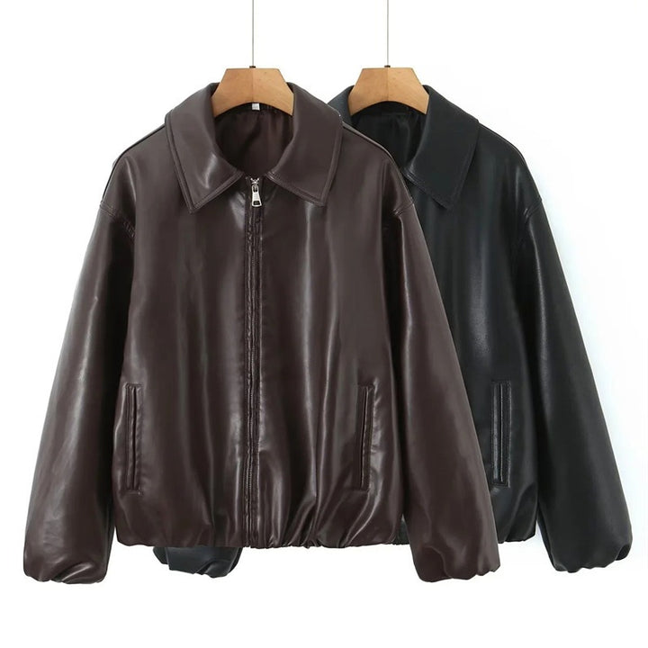 Women's Oversize Faux Leather Bomber with Shirt Collar, Concealed Zipper and Balloon Sleeves Mune Fashion