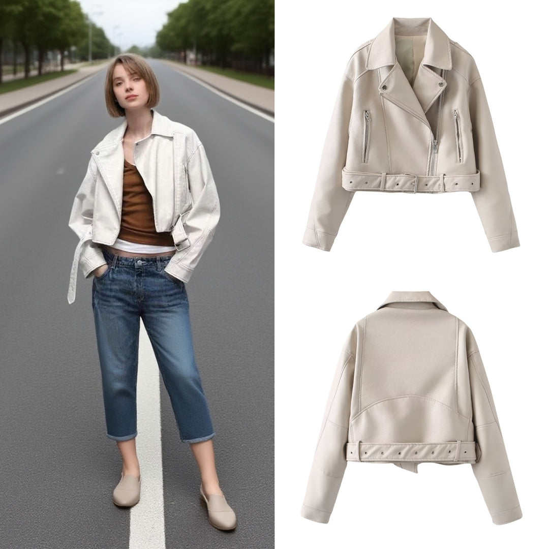 Women's short biker jacket made of soft synthetic leather with waist belt Mune Fashion