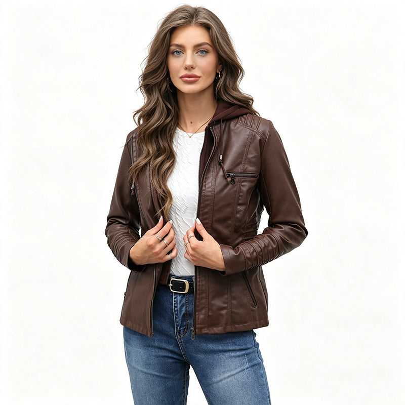 Women Tailored Faux Leather Jacket with Removable Hood and Zipper Mune Fashion