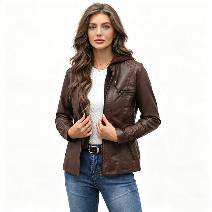 Women Tailored Faux Leather Jacket with Removable Hood and Zipper Mune Fashion
