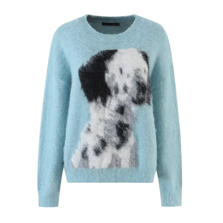 Women's Mohair-Mix Crew Neck Sweater with Abstract Dog Motif Drune