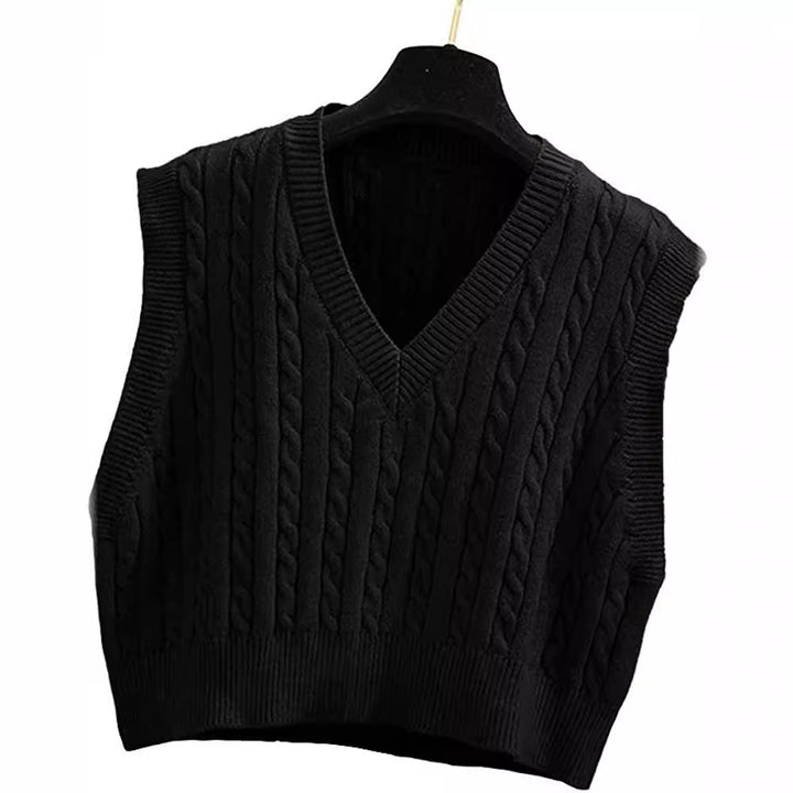 Women Knitted Sleeveless Cable Knit Sweater Vest with V-Neck Mune Fashion