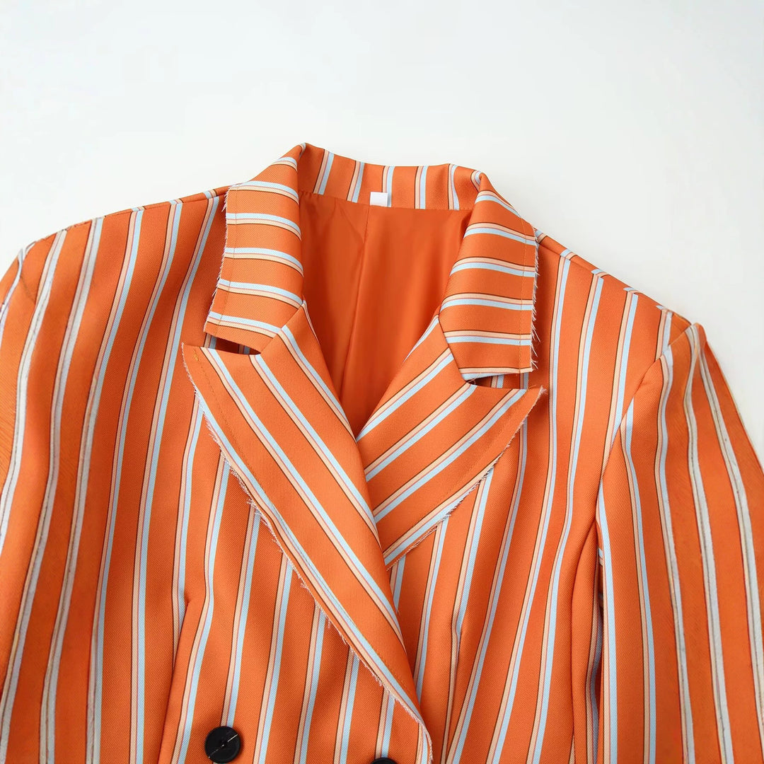 Women Double-breasted Stripe Blazer with Distinctive Lapels and Flap Pockets Mune Fashion