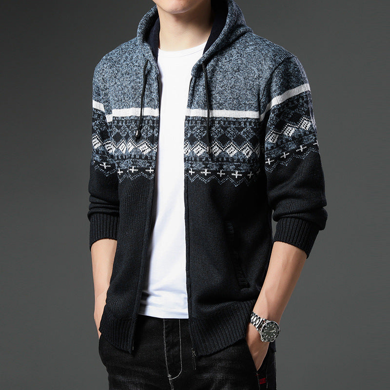 Men's Knit Zip Hoodie with Norwegian Pattern, Hood and Side Pockets Mune Fashion