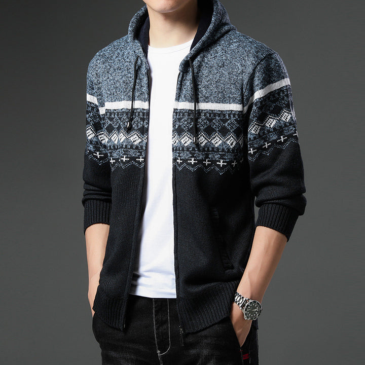 Men's Knit Zip Hoodie with Norwegian Pattern, Hood and Side Pockets Mune Fashion