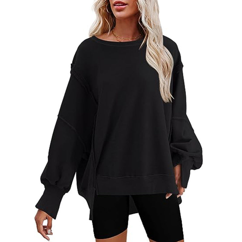 Women's Oversized Sweatshirt with Balloon Sleeves, Side Slits and Raw Edges Mune Fashion