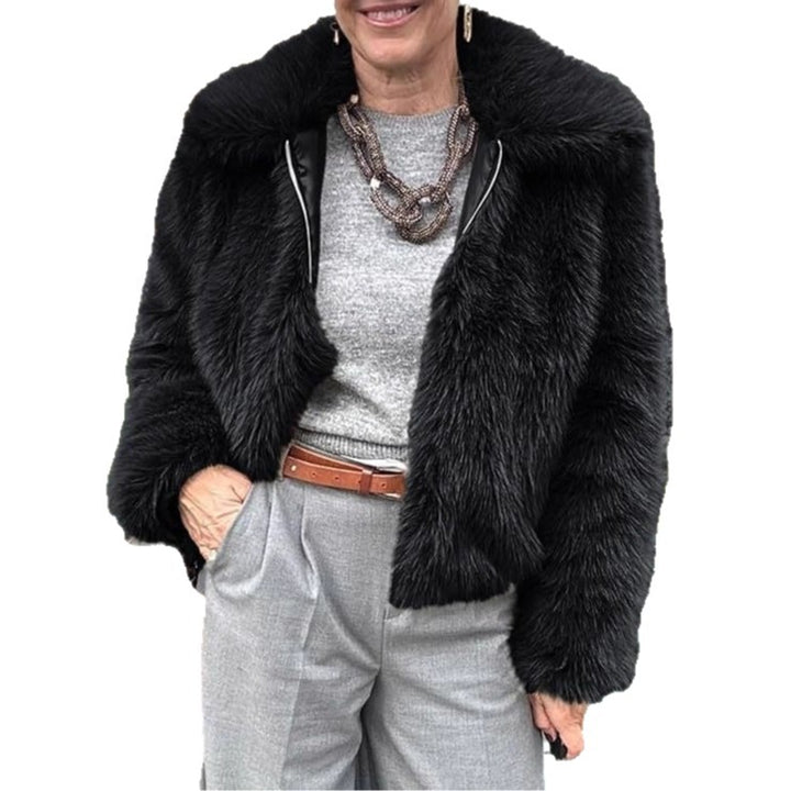 Women's short jacket made of vegan high-pile faux fur in a straight boxy cut with concealed zipper Mune Fashion