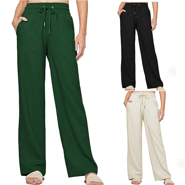 Women's wide loungewear pants with high elastic waistband drawstring side pockets and relaxed palazzo fit Mune Fashion