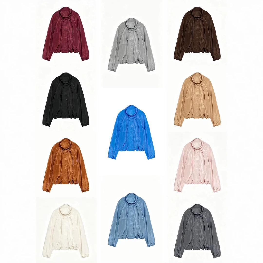 Women's Light Oversized Blouson Jacket made of Nylon with Stand-Up Collar, Drawstring and Snap Button Closure Mune Fashion