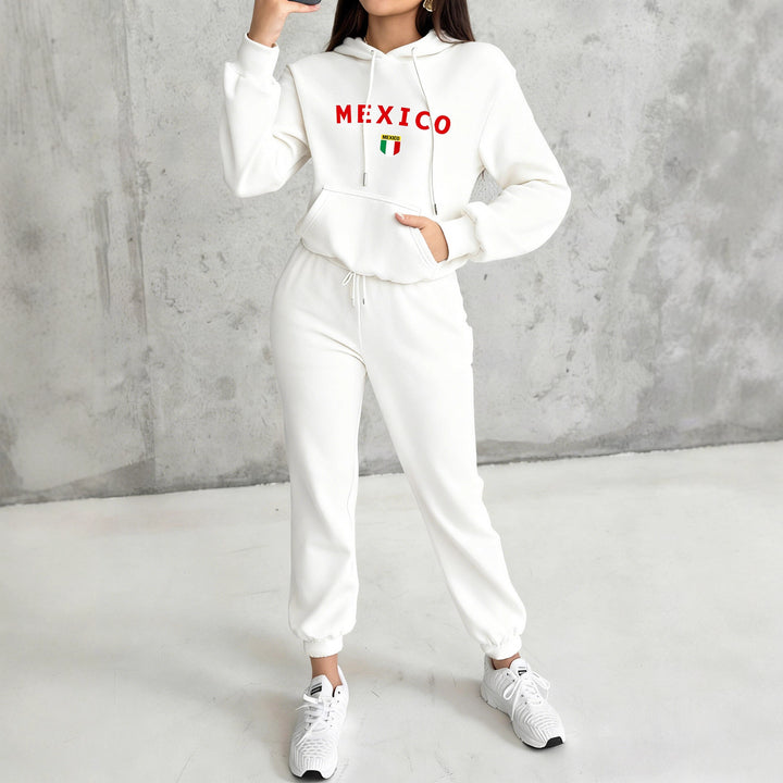 Women's cozy hoodie jogging suit set with hood, kangaroo pocket, soft brushed interior lining and Mexico print Mune Fashion