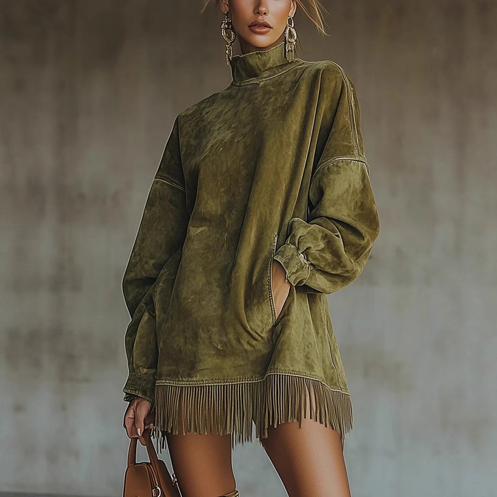 Women's oversized suede-look tunic with stand-up collar and fringes Mune Fashion