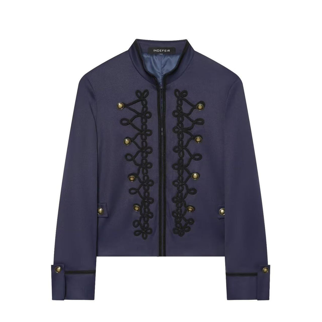 Women's Cropped Military Jacket with Standing Collar and Decorative Cord Application Mune Fashion
