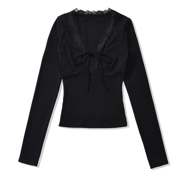 Women's Long Sleeve Shirt with Lace V-Neck and Tie Band Mune Fashion