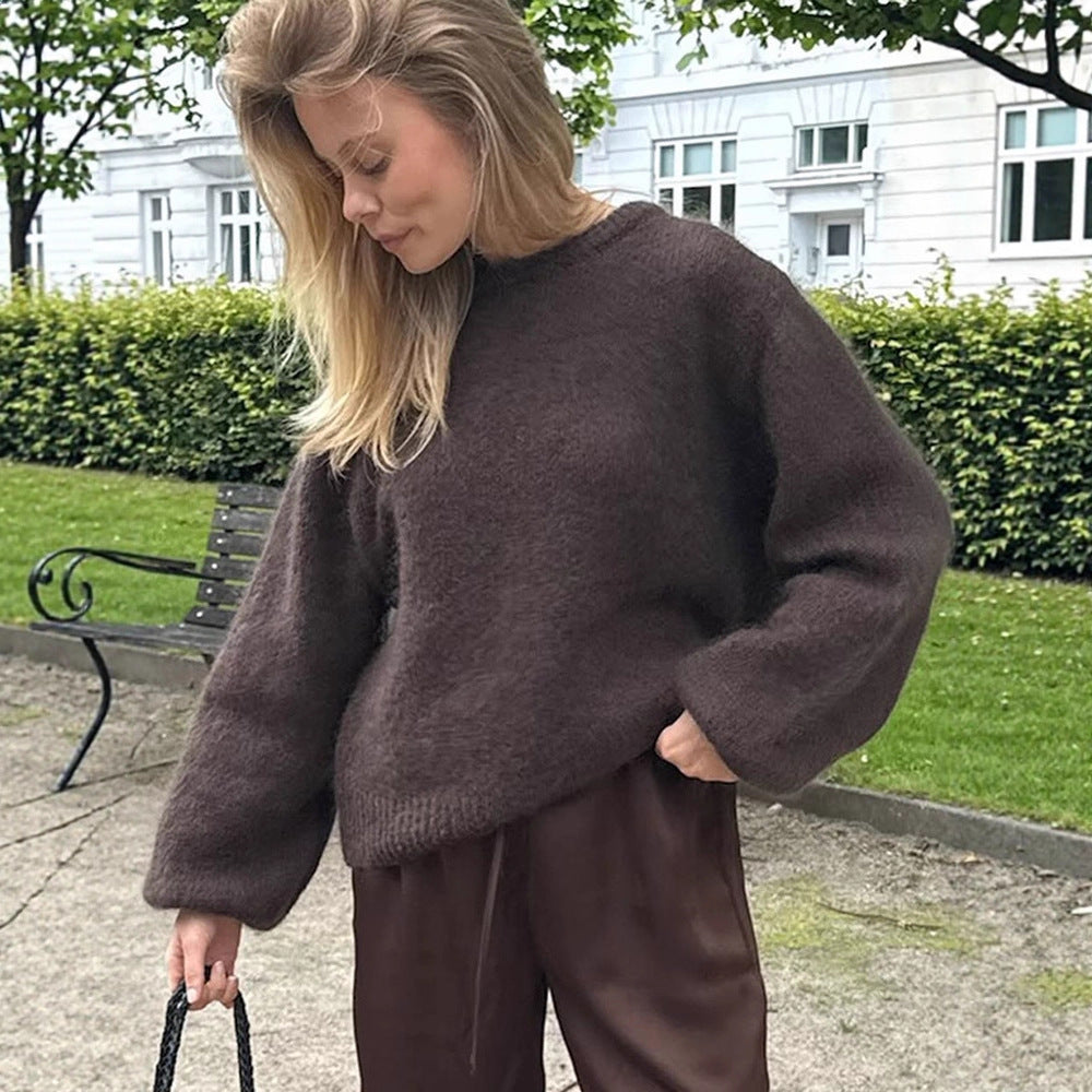 Women Fluffy Round Neck Sweater with Balloon Sleeves and Boxy Silhouette Mune Fashion