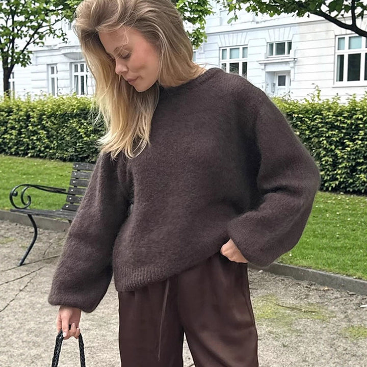 Women Fluffy Round Neck Sweater with Balloon Sleeves and Boxy Silhouette Mune Fashion