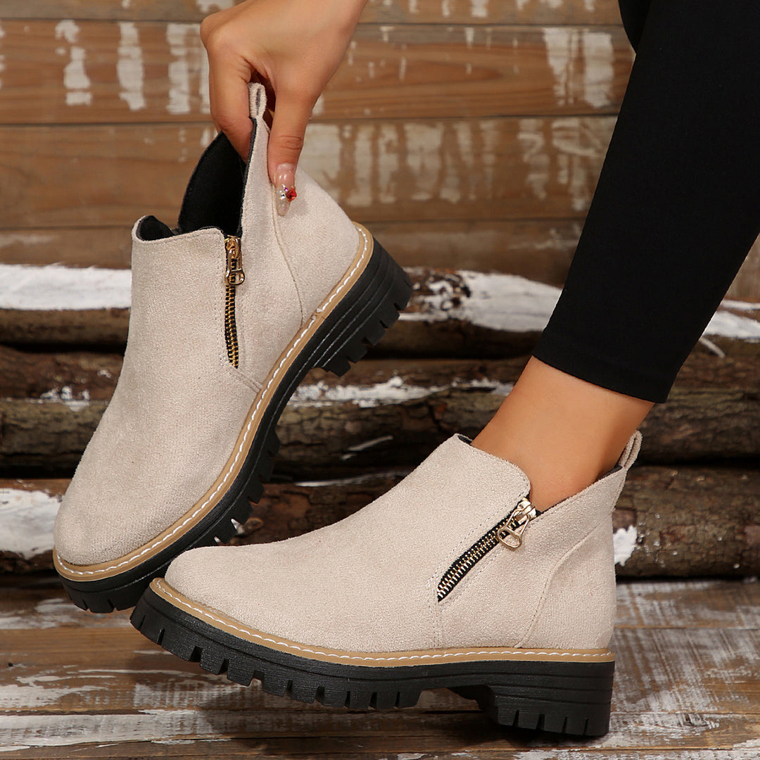Women nan suede ankle boots with sturdy tread sole and side zipper Mune Fashion