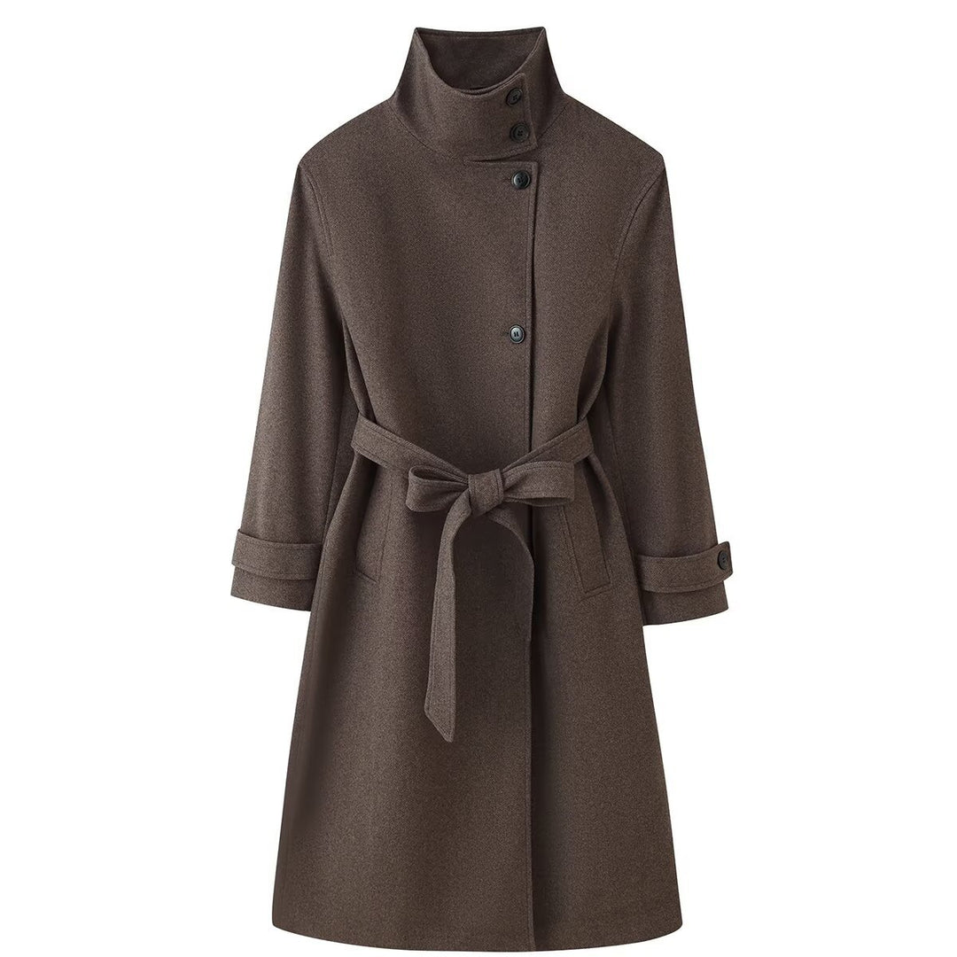 Ladies Mid-length Wool Blend Coat with Stand Collar, Asymmetric Button Placket and Waist Belt Mune Fashion