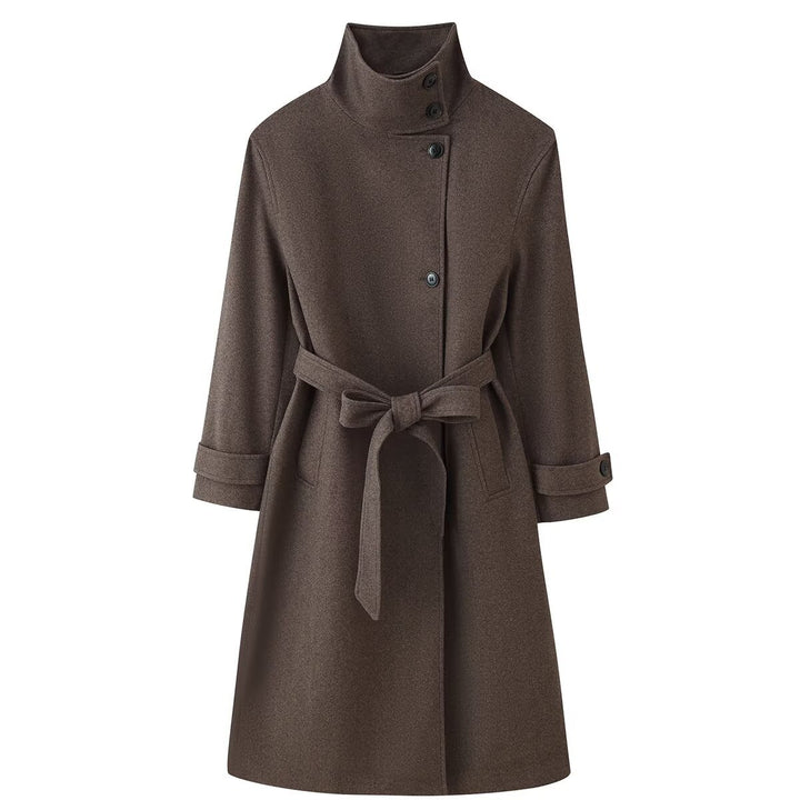 Ladies Mid-length Wool Blend Coat with Stand Collar, Asymmetric Button Placket and Waist Belt Mune Fashion