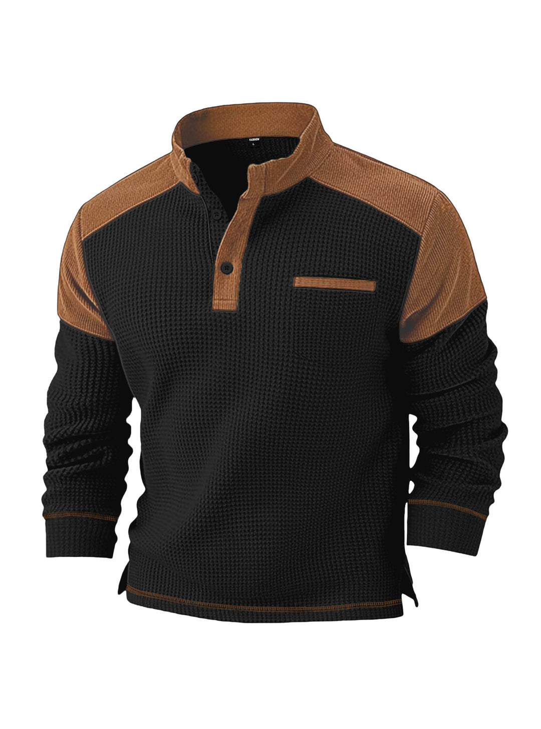 Men's waffle knit henley with stand-up collar, cord shoulder yoke and chest piping Mune Fashion