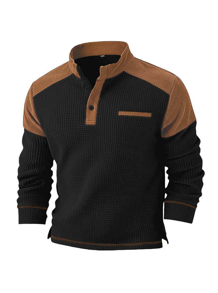 Men's waffle knit henley with stand-up collar, cord shoulder yoke and chest piping Mune Fashion