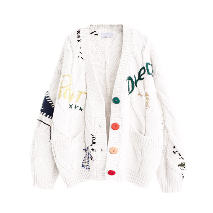 Women's Stylish Knitted Cardigan with Colorful Buttons and Elaborate Design