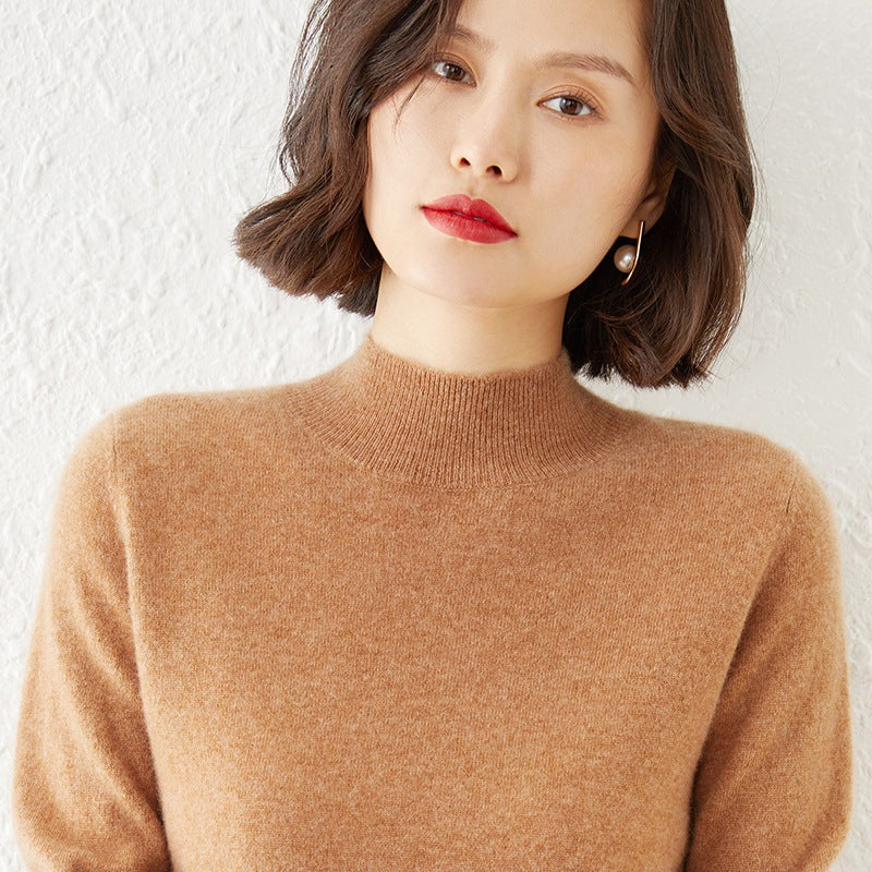 Women Luxurious Cashmere Fine Knit Sweater with Standing Collar Mune Fashion
