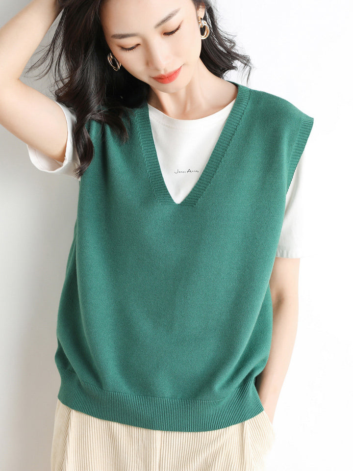 Women's Oversized V-neck Fine Knit Vest with Ribbed Hem Mune Fashion