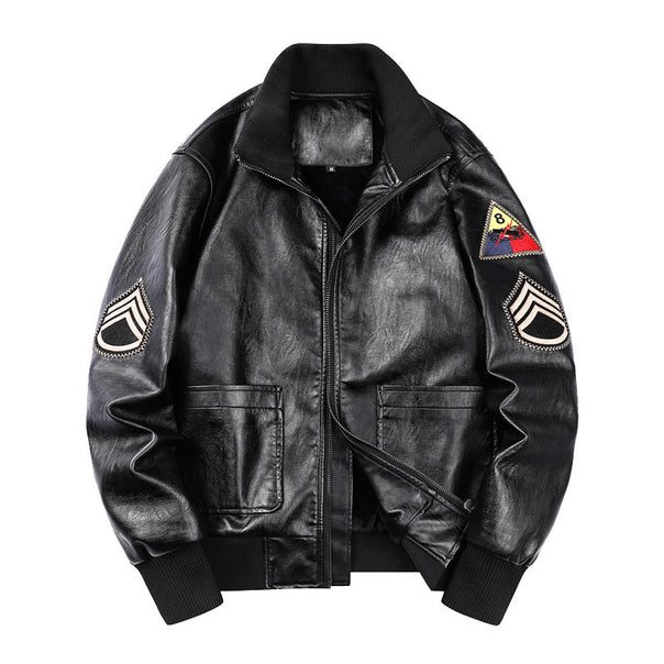 Men's heritage leather blouson in leather look with military patch details and ribbed collar Mune Fashion