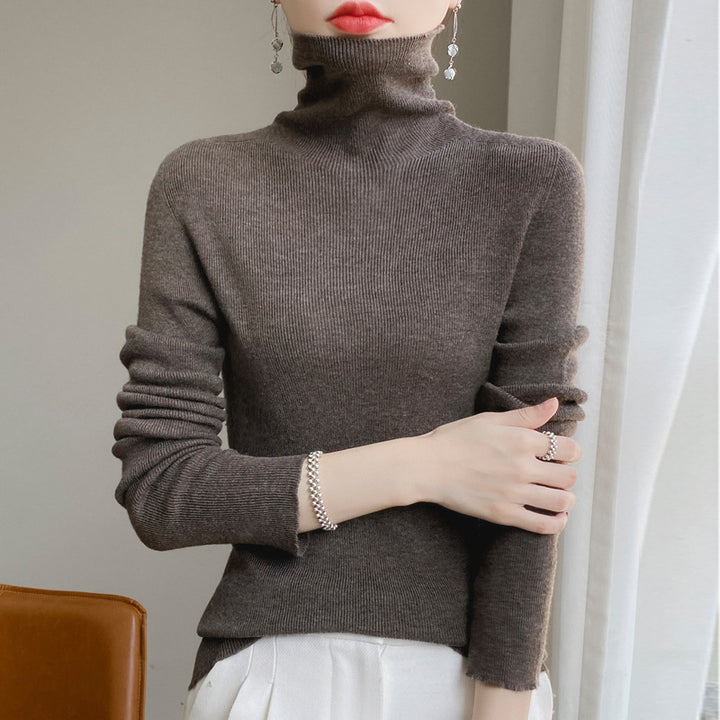 Women Slim Turtleneck Fine Knit Sweater with Elastic Rib Structure and Minimalist Silhouette Mune Fashion