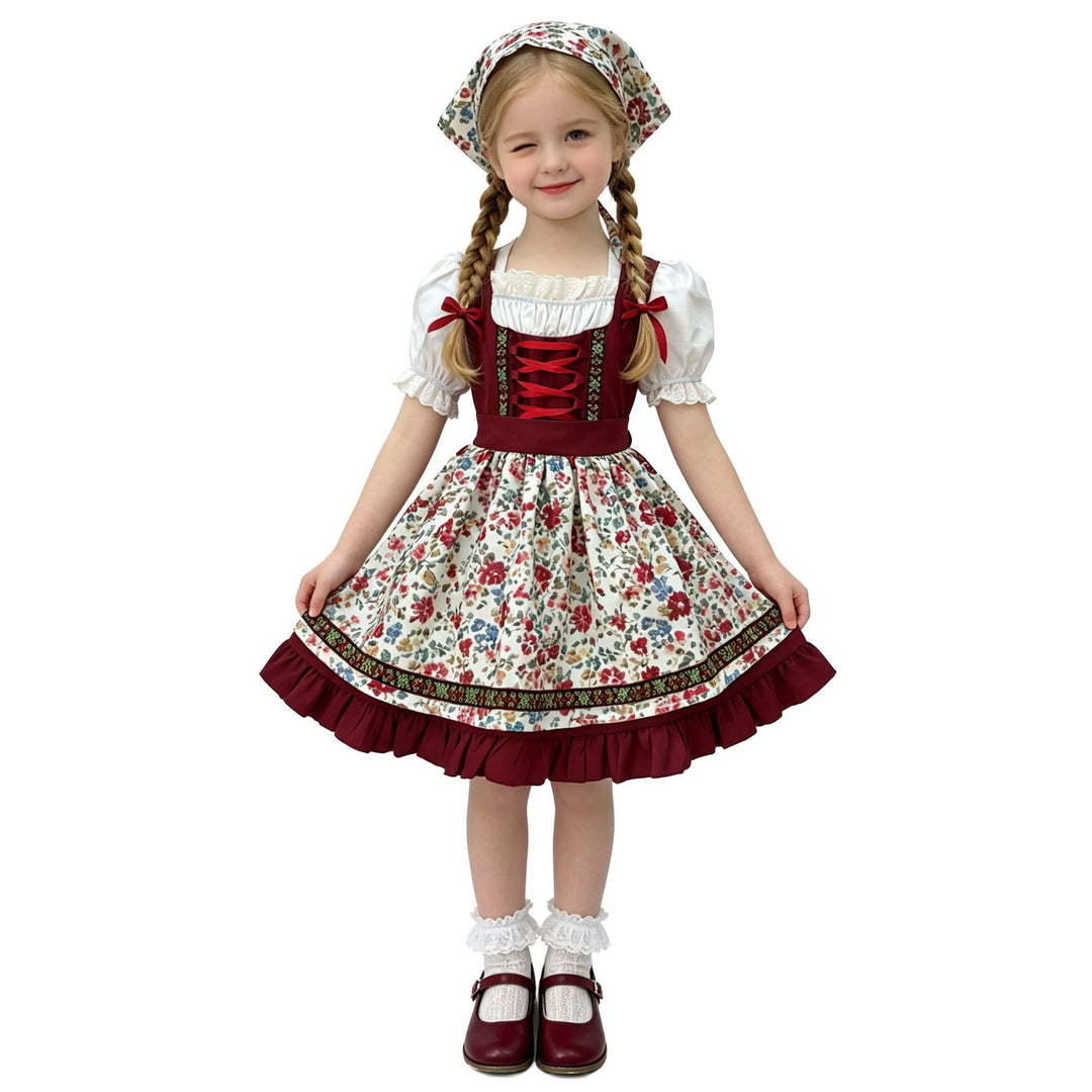 Women's traditional children's dirndl with apron, headband, lace blouse and decorative lacing Mune Fashion