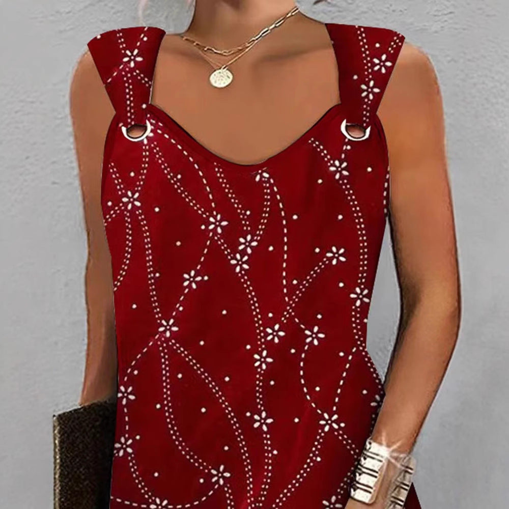 Women's sleeveless strap mini dress with decorative eyelets, floral dot pattern, and asymmetric hem Mune Fashion