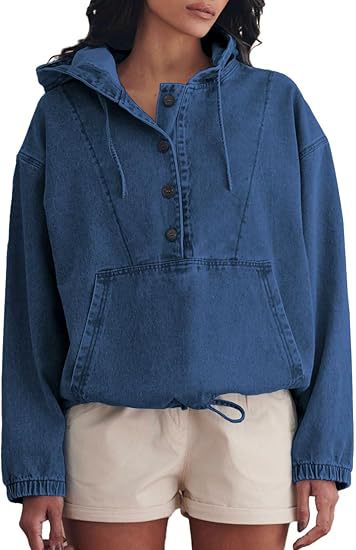 Women's denim hoodie with half button placket, kangaroo pocket, and drawstring hem Mune Fashion