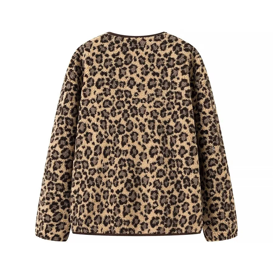 Women's teddy jacket with leopard print button closure and cord trim Mune Fashion