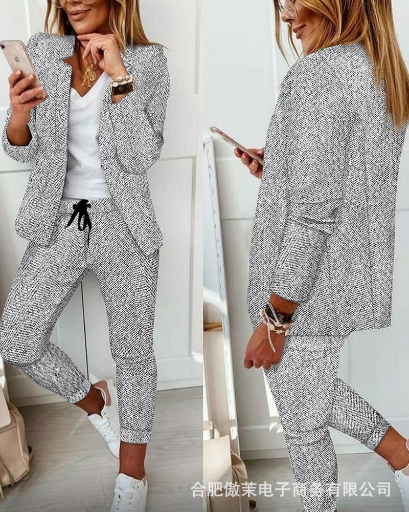 Women Casual-Tailoring Two-Piece Set with Structured Long Blazer and Drawstring Jog Pants Mune Fashion